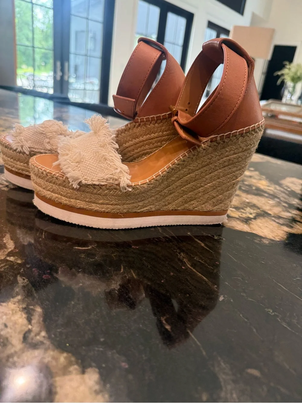 See By Chloe Glyn Wedge Espadrille Ankle-Strap Sandal in Tan and Cream